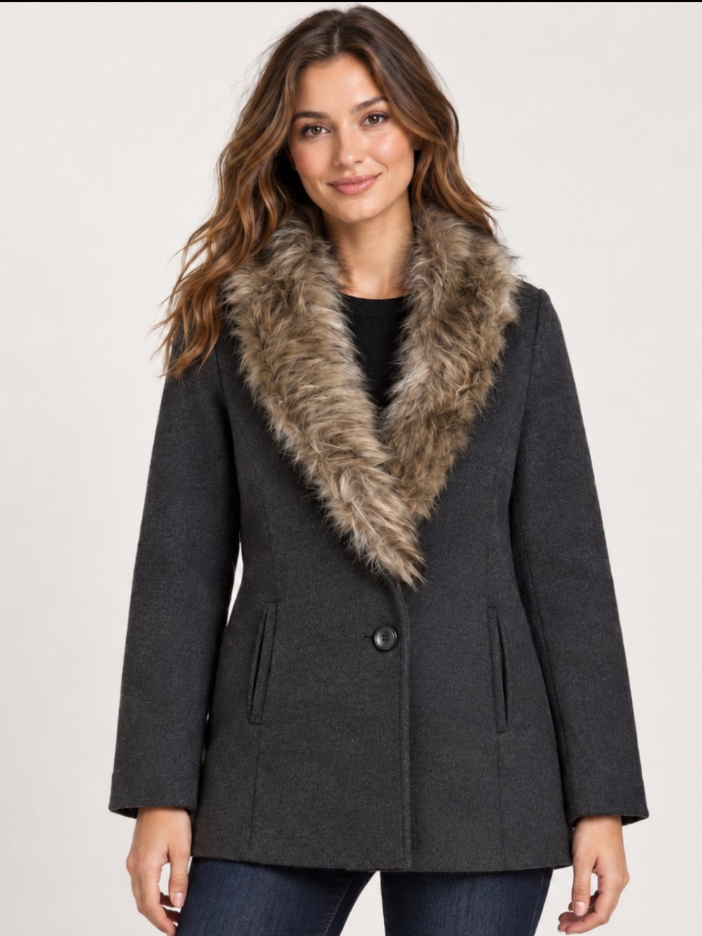 Forever 21 Charcoal Wool Blend Pea Coat Faux Fur Collar Size Small